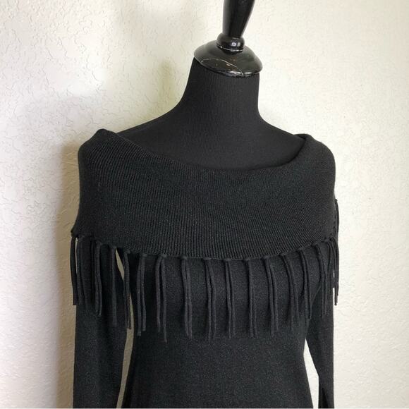 WHBM black metallic off shoulder fringe trim sweater size Small - Picture 3 of 16